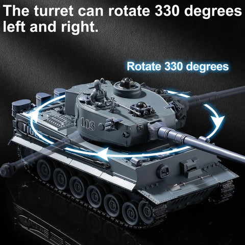 RC Military Tank Tiger I WW2 Battle Toy With IR Battle showing rotating turret and 330° range