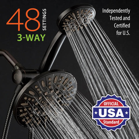 48 settings 3-way view of 7 Inch Premium High Pressure 3 Way Rainfall Shower Head Set With Stainless Steel Hose Oil Rubbed Bronze Finish