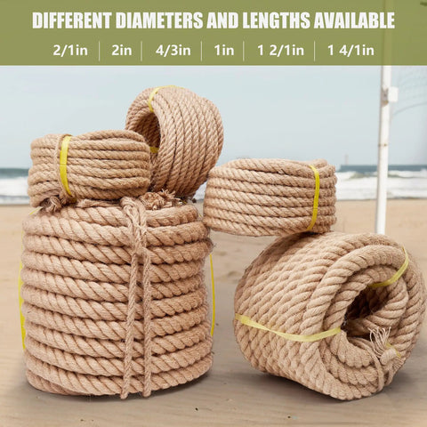 Rugged Heavy Duty Natural Jute Rope 1 Inch By 100 Feet Twisted Hemp Rope for DIY Crafts, Gardening, Bundling, Outdoor Use