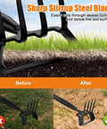 2 In 1 Garden Hoe With Stirrup Action And 4 Tine Cultivator Rake On A 74 Inch Handle, showing before and after soil results
