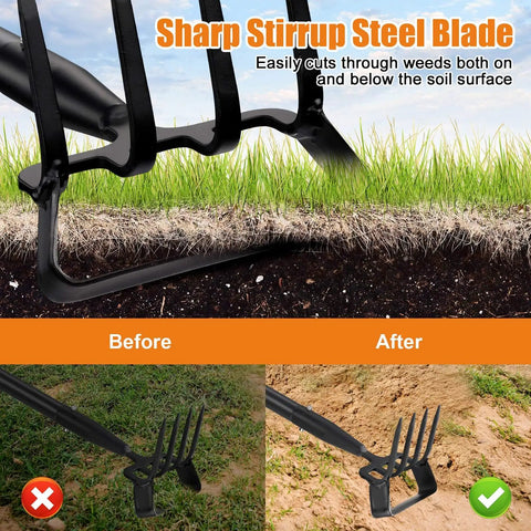 2 In 1 Garden Hoe With Stirrup Action And 4 Tine Cultivator Rake On A 74 Inch Handle, showing before and after soil results
