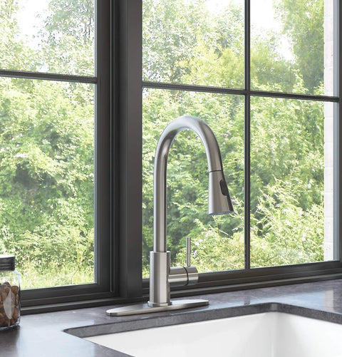 YZZY Single Handle Kitchen Sink Faucet with Pull Down Sprayer Stainless Steel Single Hole Bar Faucet High Arc Chrome installed by window.