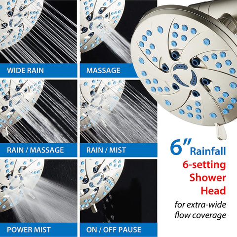 High Pressure Spa Shower System With 6 Inch Rain Head And Handheld 3 Way Shower Head Combo 48 Modes Anti Clog Nozzles Extra Long 6 Ft Stainless Steel Hose Adjustable Arm Wall Bracket Nickel Finish For Home Spa Vibe