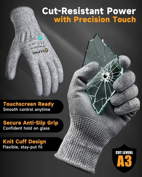 ANSI A3 Cut Resistant Work Gloves With Grippy PU Coating For Men And Women holding broken glass, illustration of features.