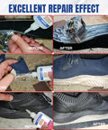 Heavy Duty Shoe Glue Crystal Clear Fast Dry Bond For Sneakers Boots Heels Crocs And More Strong Flexible Repairs That Wont Stiffen Soles Water Resistant Extreme Condition Ready Long Lasting Fix applied to different types of shoes in before-and-after repair stages.