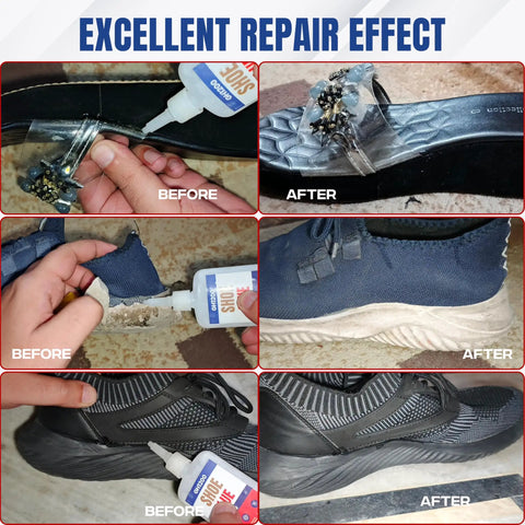 Heavy Duty Shoe Glue Crystal Clear Fast Dry Bond For Sneakers Boots Heels Crocs And More Strong Flexible Repairs That Wont Stiffen Soles Water Resistant Extreme Condition Ready Long Lasting Fix applied to different types of shoes in before-and-after repair stages.