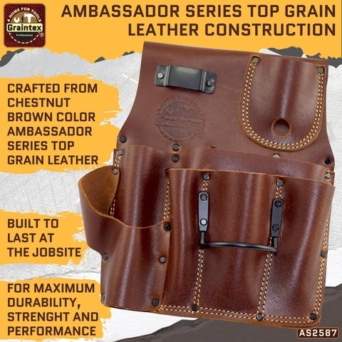 Right Handed Ambassador Series Drywall Pouch Chestnut Brown Top Grain Leather Pro Grade With One Hammer Holder