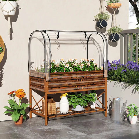 Raised Garden Bed With Cover And Shelf, Rectangular Metal Elevated Planter Box On Sturdy Legs, Bed Liner For Vegetables, Flowers And Herbs, Roll Up Greenhouse, Backyard Ready, Dark Brown