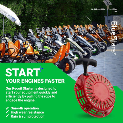 Pull Start Recoil Starter For Predator 212cc And 173cc OHV Engines displayed with karts in the background