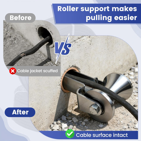 Beefy 4 Inch Stainless Steel Cable Puller Sheave For Heavy Duty Conduit Feeding vs scuffed cable example