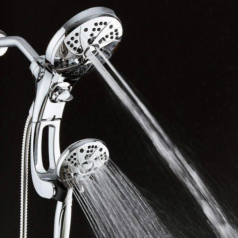 High Pressure 3 Way Rain And Handheld Shower Head Kit with adjustable arm, chrome finish, and 48 spray patterns in action