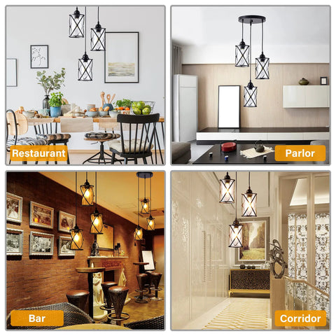Dope Three Light Industrial Pendant Light With Black Metal Cage And Glass Shades displayed in various settings.