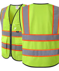 Solid Hi Vis Safety Vest For Men And Women With Reliable Zipper Front And Roomy Cargo Pockets Bright Yellow Mesh Cloth Meets Ansi Class 2 Certification showing front and back view with reflective strips.
