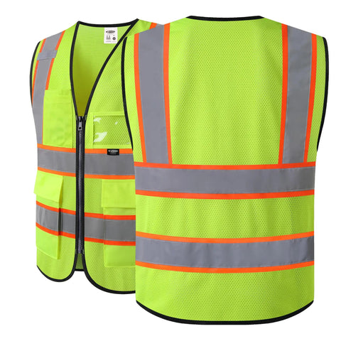 Solid Hi Vis Safety Vest For Men And Women With Reliable Zipper Front And Roomy Cargo Pockets Bright Yellow Mesh Cloth Meets Ansi Class 2 Certification showing front and back view with reflective strips.