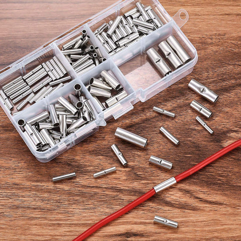 120 Pcs Non Insulated Butt Connectors For 22 To 16 Gauge Wire, uninsulated splice kit with copper tin plated terminals displayed