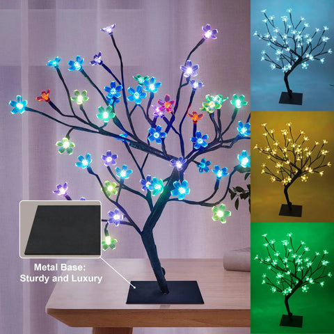 18 Inch Cherry Blossom Bonsai Tree With 48 RGB LED Lights Remote 16 Color Changing Modes 24V UL Listed Adapter Included Adjustable Branches And Metal Base For Cozy Night Light Vibe