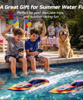 Kids playing with high speed RC boat, 25 Plus KPH racing power, pool fun, LED lights, capsize recovery, dual 1300mAh batteries