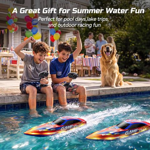 Kids playing with high speed RC boat, 25 Plus KPH racing power, pool fun, LED lights, capsize recovery, dual 1300mAh batteries
