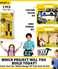 Tool sets for kids including racer and bird feeder kits, with children shown using the tools for DIY projects.