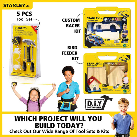 Tool sets for kids including racer and bird feeder kits, with children shown using the tools for DIY projects.