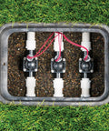 Three one inch sprinkler valves with flow control for lawn irrigation and drip systems, slip x slip globe valve, manual bleed in ground box