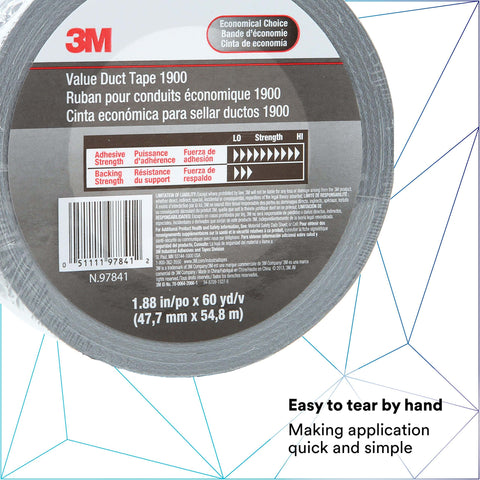 Image of Value Thin Silver Duct Tape Single Roll, showing label details, easy to tear by hand, moisture-resistant.