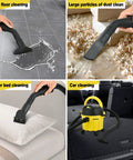 3 In 1 Wet Dry Vacuum Cleaner With 2 Peak HP Suction cleaning liquid on floor, dust, sofa, and car trunk