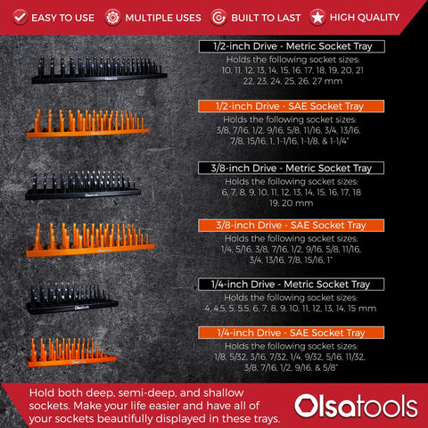 Six Piece Three Row Socket Organizer Trays In Orange For One Quarter Three Eighths One Half Inch Drive Keeps Sockets Neat And Ready With Deep And Shallow Toolbox Storage For SAE And Metric Sets