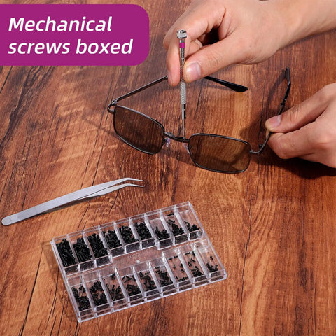 Hands repairing glasses with All-In-One 500-Piece Micro Screw Repair Kit With Tweezers For Glasses, Watches, Laptops And SSDs