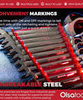 12-Piece SAE Ratcheting Wrench Set With 120-Tooth Gear, shown with convenient ON/OFF markings, chrome vanadium steel.