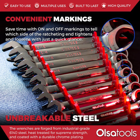 12-Piece SAE Ratcheting Wrench Set With 120-Tooth Gear, shown with convenient ON/OFF markings, chrome vanadium steel.