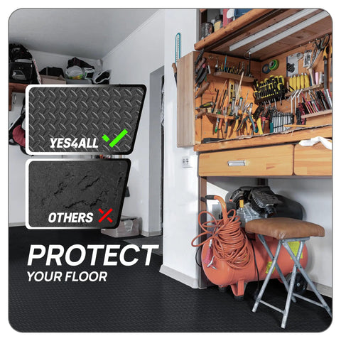 Interlocking Foam Floor Tiles 24x24 Puzzle Mats With Border 7/16 Inch installed in a garage for floor protection