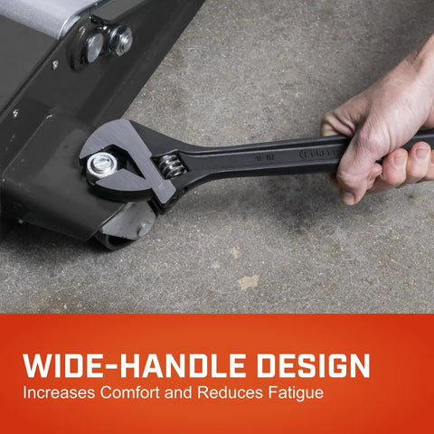 10 Inch Adjustable Black Oxide Wrench With Hex Jaw Design for slip resistant grip used on machine bolt, ergonomic handle.