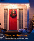 Front porch with festive lights showcasing indoor and outdoor plug in digital timer, weather resistant design with one grounded outlet.