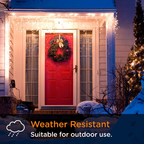 Front porch with festive lights showcasing indoor and outdoor plug in digital timer, weather resistant design with one grounded outlet.