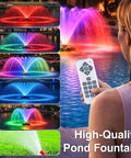 RGB LED Pond Fountain Aerator With Floating Light Show And Lit Night Illumination 750W 1HP Pump Delivers 15000 GPH IP68 stainless steel.