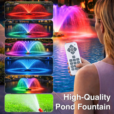 RGB LED Pond Fountain Aerator With Floating Light Show And Lit Night Illumination 750W 1HP Pump Delivers 15000 GPH IP68 stainless steel.