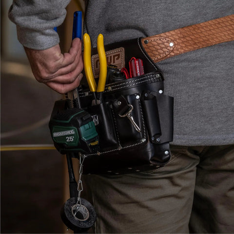 Genuine Leather Tool Pouch With Multiple Pockets For Electricians, Pro Grade Organizer Bag For Tools And Fasteners in use on belt