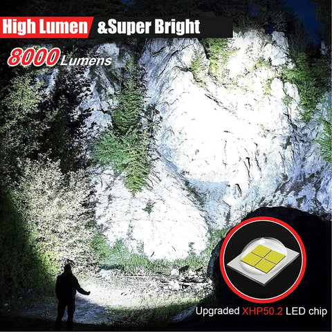 Rechargeable 8000 Lumen LED Flashlight With Zoomable Beam illuminating rock face at night, highlighting beam strength