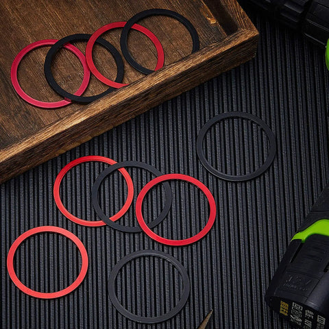 Red and black anodized Aluminum Bike Cassette Spacers And Hub Washers Set for 7 to 11 speed shown with tools