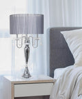 Romantic Sheer Shade Hanging Crystals Table Lamp For Cozy Glam Vibe Crystal Draping Chrome Finish 31 Inch beside bed