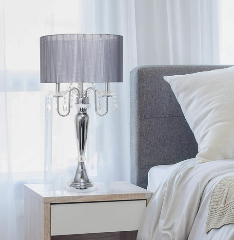 Romantic Sheer Shade Hanging Crystals Table Lamp For Cozy Glam Vibe Crystal Draping Chrome Finish 31 Inch beside bed