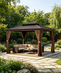 All Season Hardtop Metal Roof Gazebo With Mosquito Netting And Privacy Curtains For Backyard Patio Deck Built Tough Heavy Duty Outdoor Shelter That Stands Up Year Round Brown 10x12 Ft