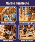 London Themed 3D Wooden Marble Run Puzzle for Adults, 431 Piece DIY Construction Kit With Movable Double Decker Bus And Big Ben, Brain Teaser Gift for Teens And Adults; wooden marble track close-up