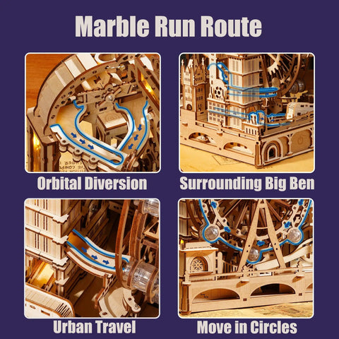 London Themed 3D Wooden Marble Run Puzzle for Adults, 431 Piece DIY Construction Kit With Movable Double Decker Bus And Big Ben, Brain Teaser Gift for Teens And Adults; wooden marble track close-up