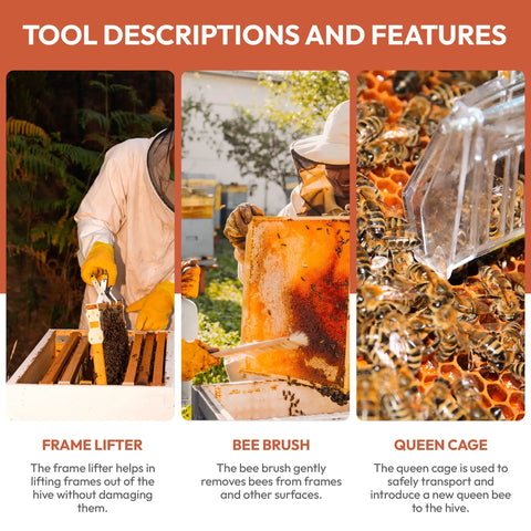 Beekeeping Starter Kit With 11 Essential Tools Including Stainless Steel Smoker Hive Tool Frame Lifter Uncapping Fork Scraper Hook And Water Resistant Tool Bag For Beginners And Pros, frame lifter in use