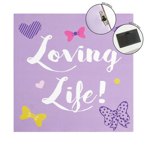 Minnie Mouse LED Canvas Wall Art Set panel with Loving Life text, purple background, bows, and LED features, 11x11 inches.
