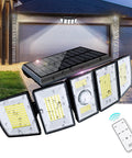 Outdoor Solar Flood Light With Motion Sensor, 5 Heads, 300 LED, IP65 Waterproof, 360 Degree Wide Beam against garage