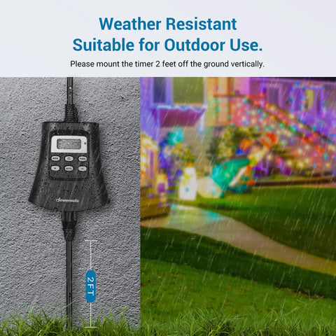 Heavy Duty Outdoor Digital Timer For Front Porch And Backyard Lights With Hassle Free Weekly Scheduling And Auto Random Lighting All Season Weather Resistant Plug In mounted 2 feet off the ground.