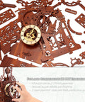 LED 3D Wood Puzzle Clock Tower Kit For Adults, parts laid out, intricate design, plywood pieces, 3D DIY model